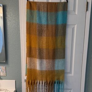 Plaid Fringe Scarf in Blue and Brown